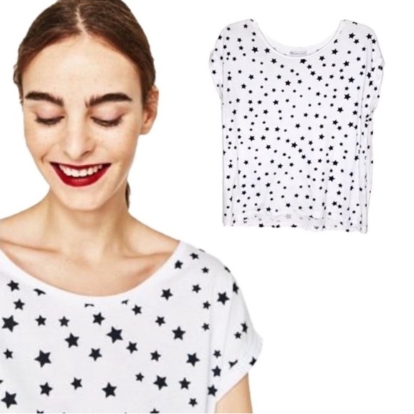 ZARA White Black Star Novelty Print Short Sleeve Relaxed Fit Casual Top Size M - Picture 10 of 10